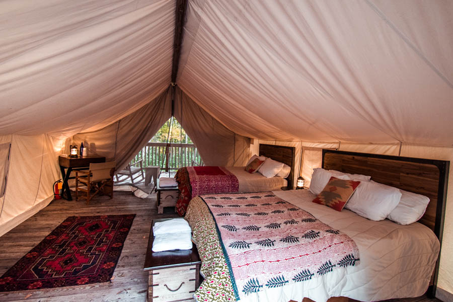 Inside of the tent at Firelight Camps in Ithaca