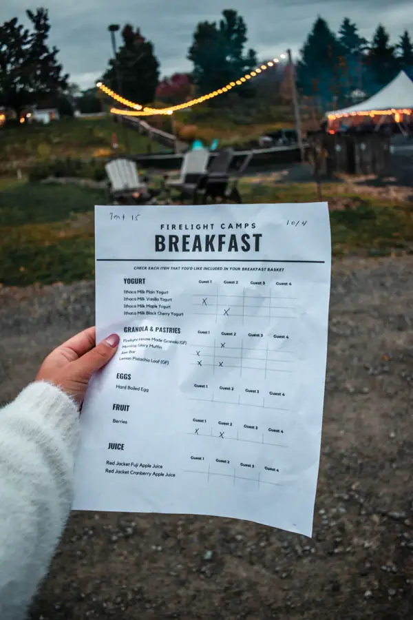 Breakfast Menu at Firelight Camps in Ithaca