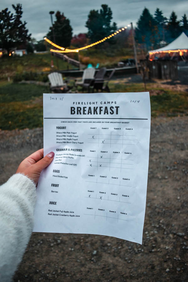 Breakfast Menu at Firelight Camps in Ithaca