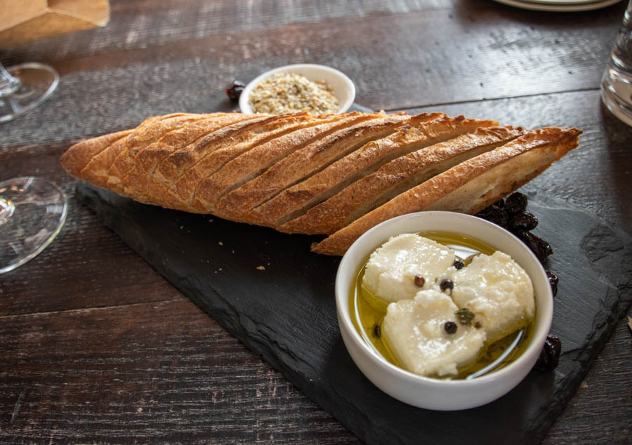 Cheese and bread at Living Roots Winery