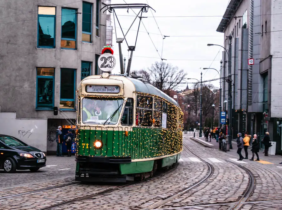 Decorated tram in Poznan at Christmas