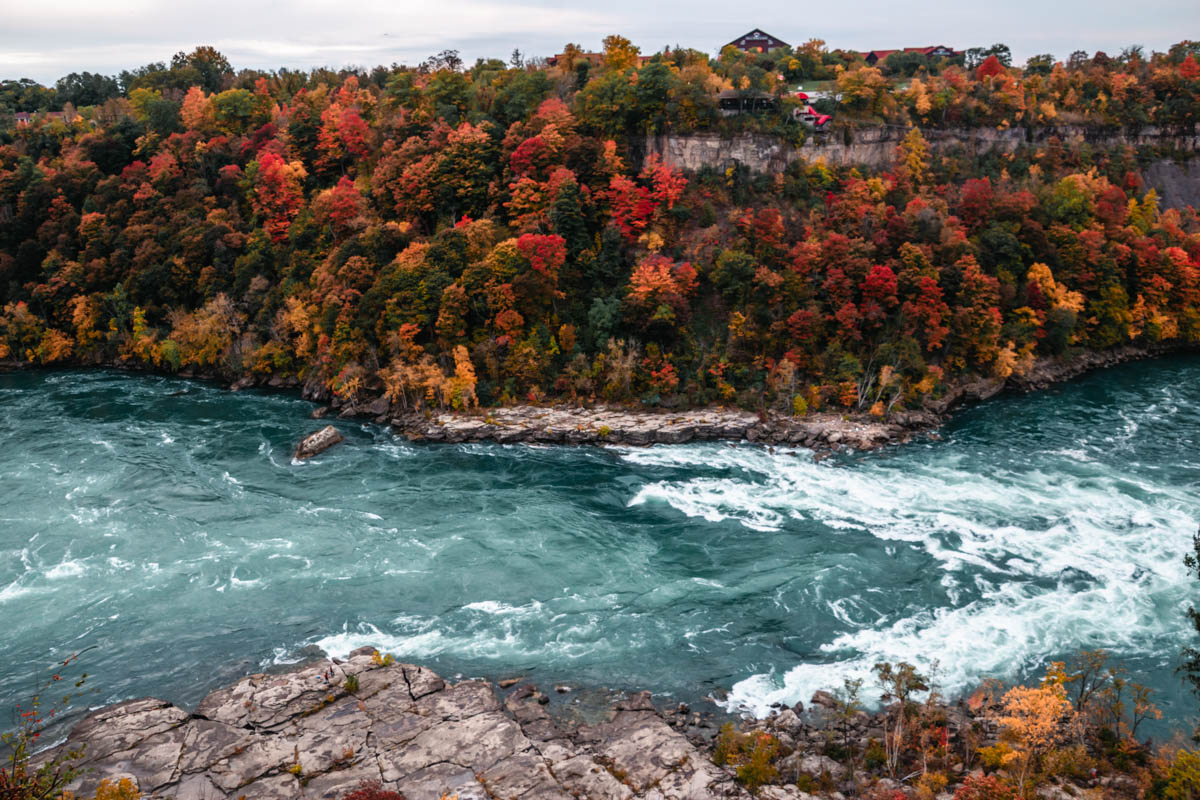 Vibrant fall foliage along the gorge overlooking the turquoise Niagara River, with rapids swirling below.