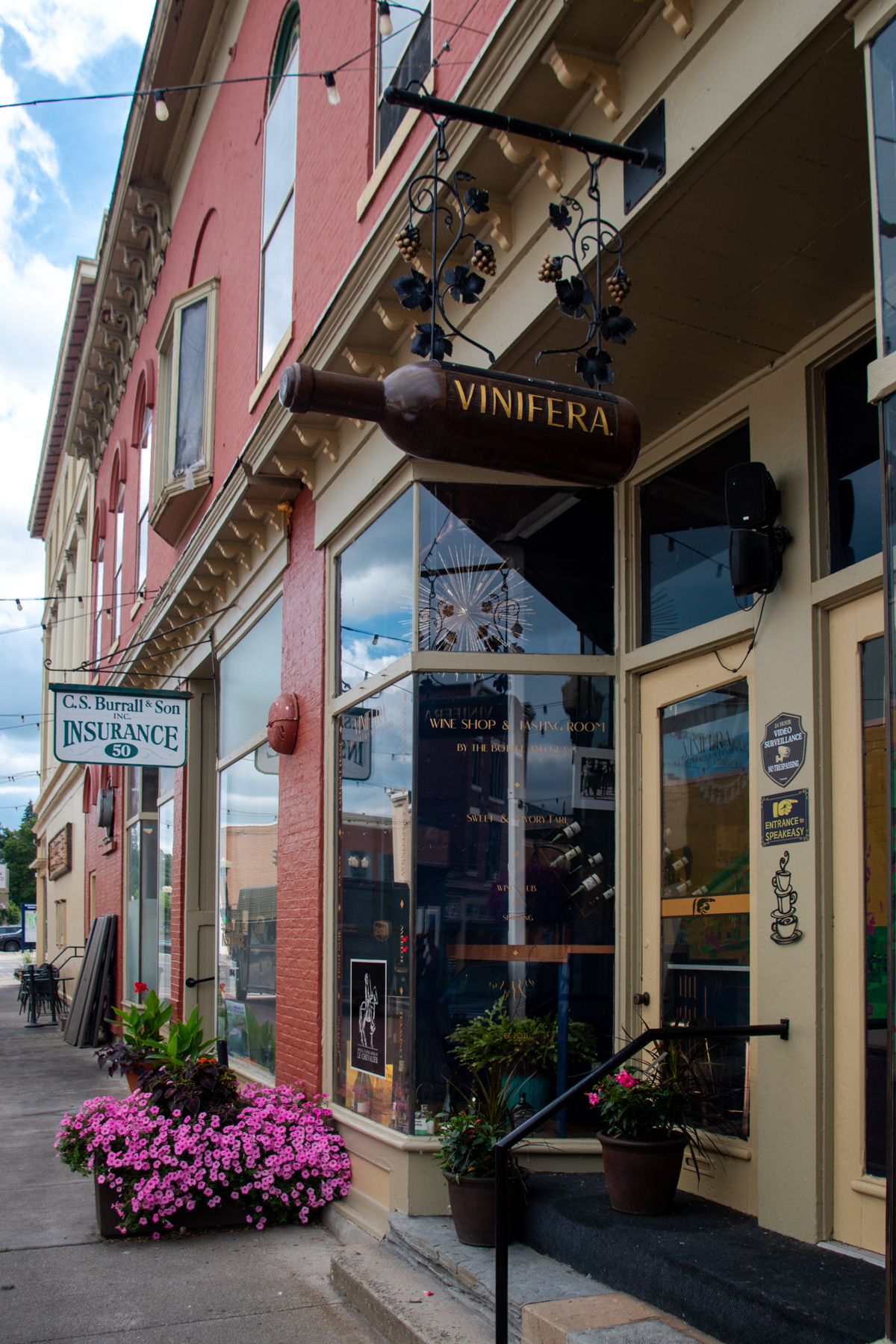 Vinifera wine shop and tasting room in downtown Geneva, New York, with a bottle-shaped hanging sign and blooming pink flowers outside.