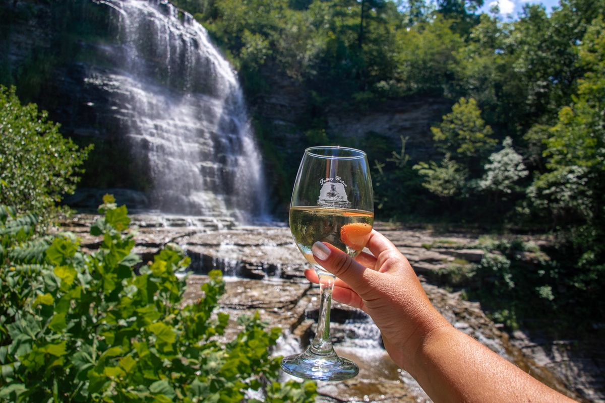 Hand holding a glass of white wine in front of a waterfall flowing over rocky cliffs surrounded by summer foliage.