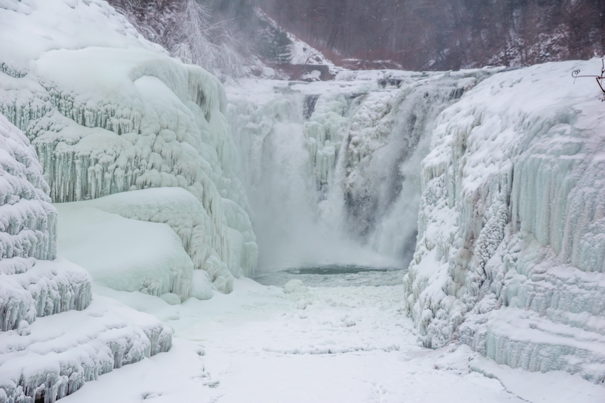 Close up of upper falls at Letchworth State park, partially frozen