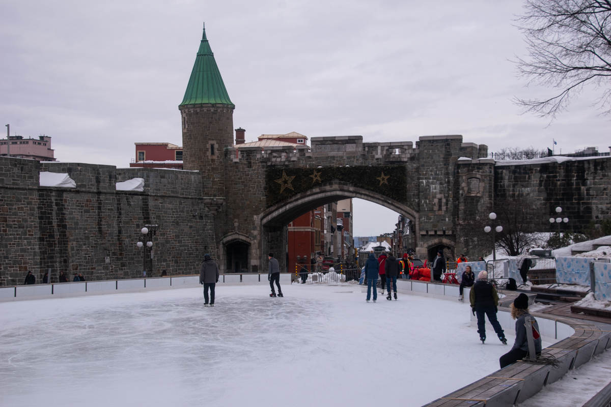 Ice skating rink at Place D’Youville outside Old Quebec city walls in winter