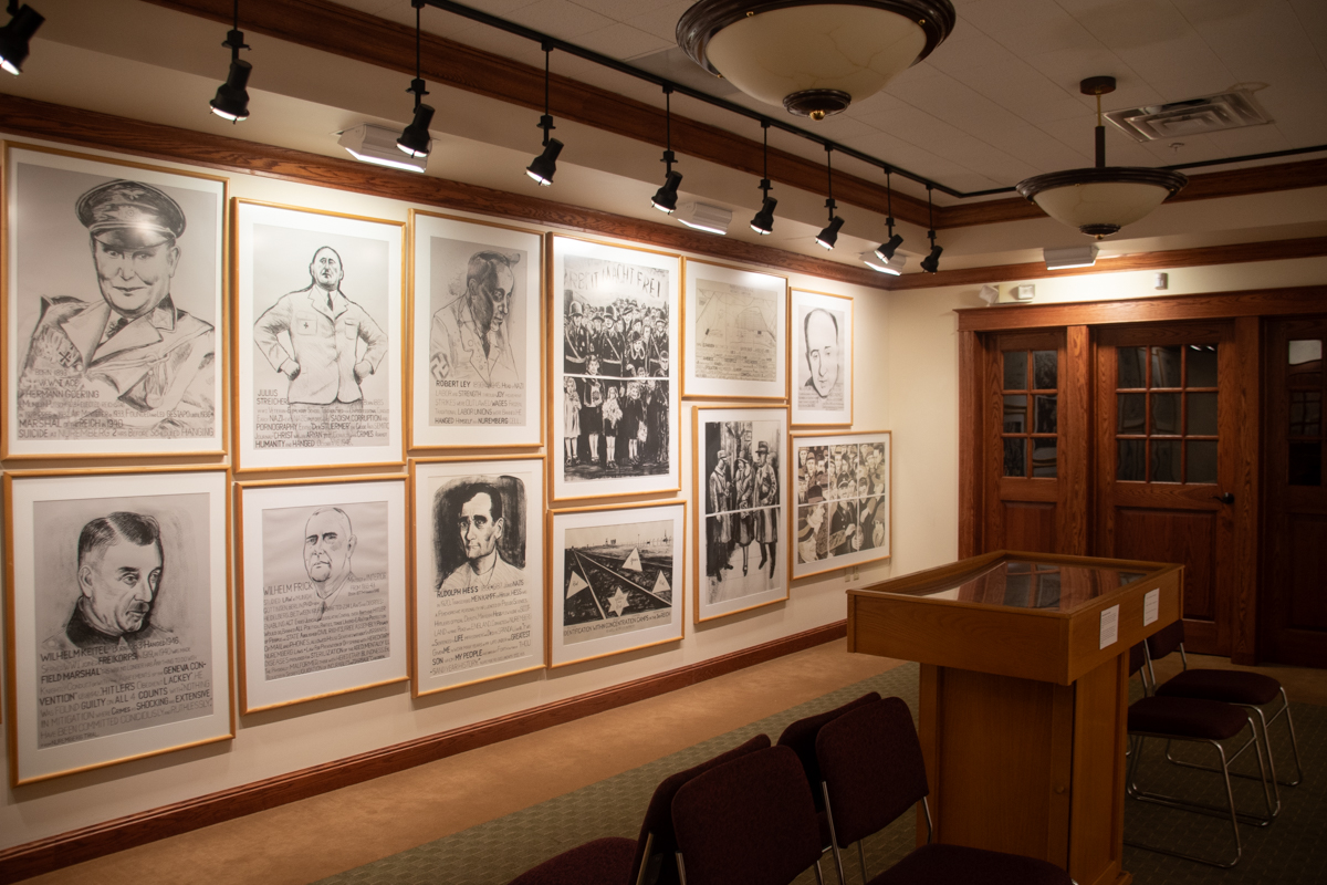 Gallery featuring exhibits about the Nuremberg Trials inside the Robert H. Jackson Center in Jamestown, New York.
