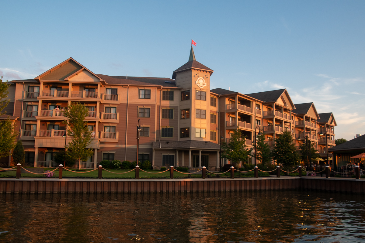 Chautauqua Harbor Hotel on the shores of Chautauqua Lake at sunset in Celoron, New York.