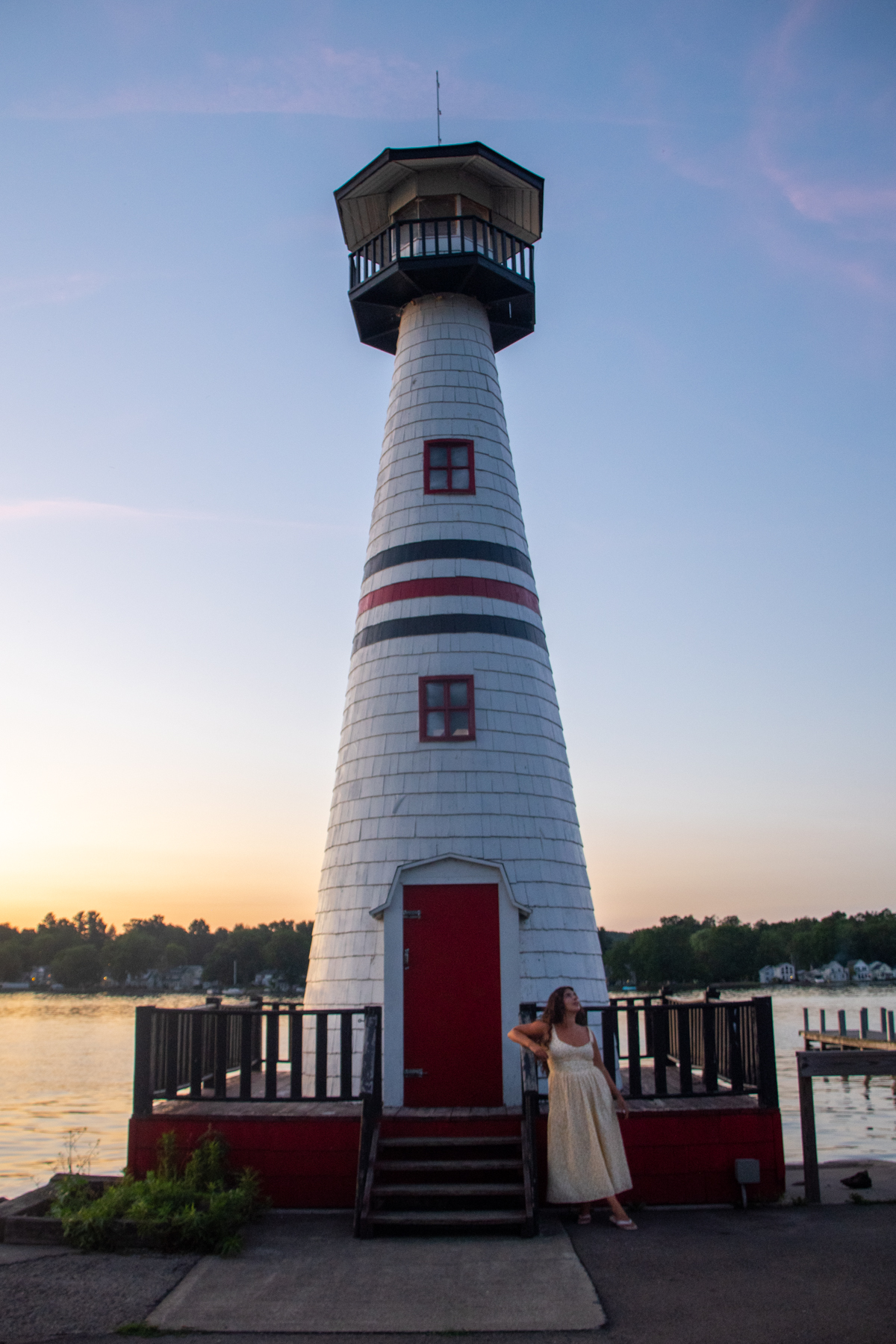 Celoron Lighthouse at sunset on the shores of Chautauqua Lake in Celoron, New York.