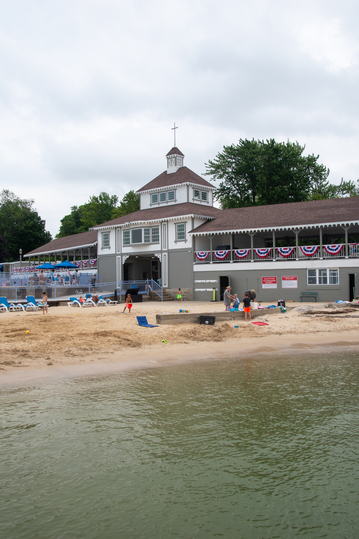 Lakeside Chautauqua beach and waterfront pavilion overlooking the sandy shore of Lake Erie in Ohio.