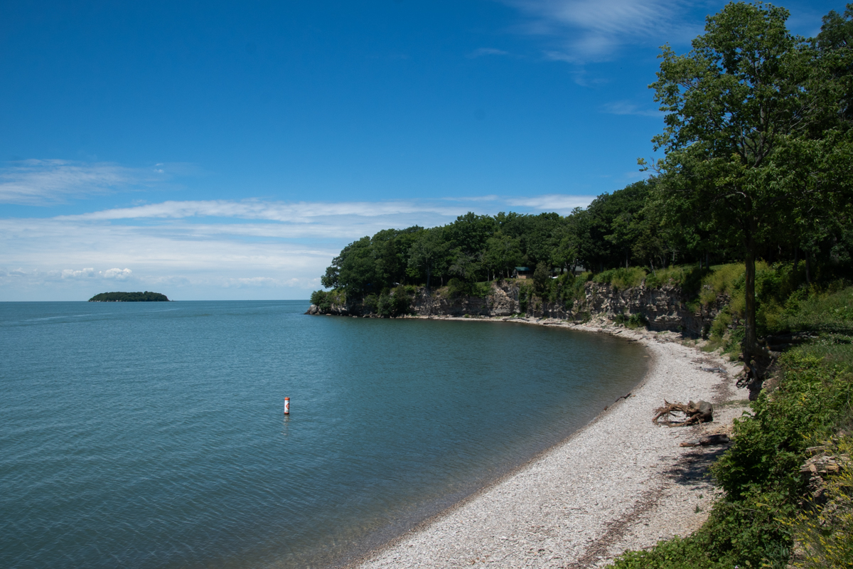 View of the limestone cliffs and rocky shoreline at Put-in-Bay on South Bass Island, Ohio.