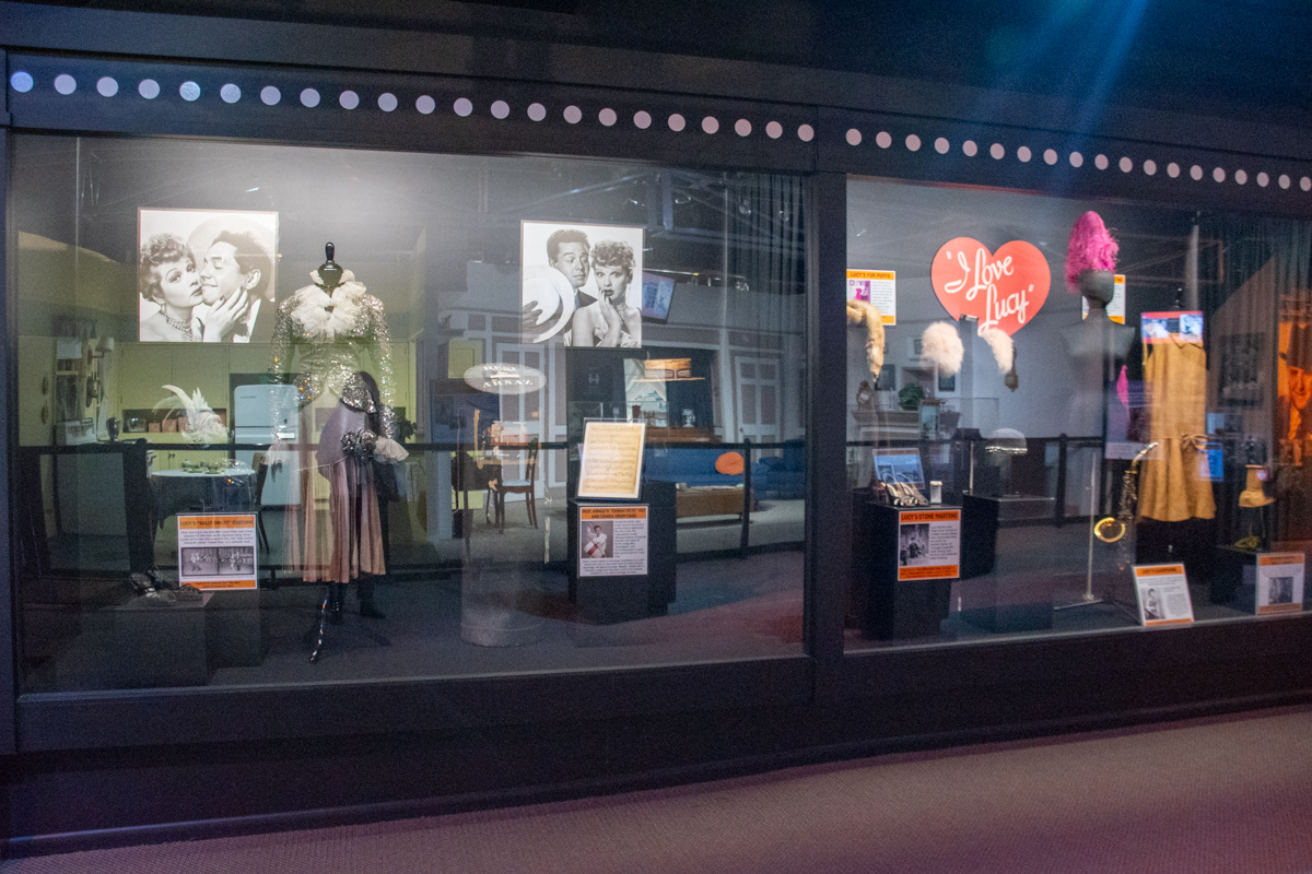 Display of I Love Lucy costumes, photographs, props, and memorabilia at the Lucille Ball Desi Arnaz Museum in Jamestown, New York.