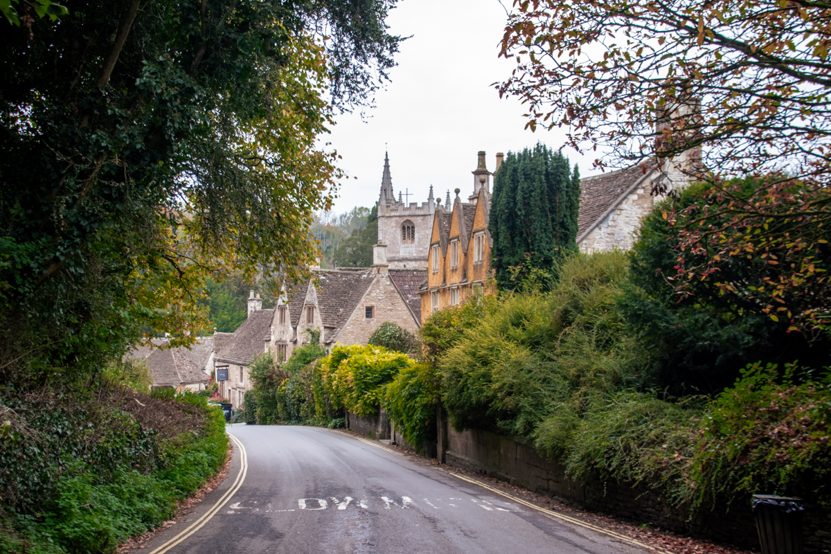 Wide view of Castle Combe with the Dower House (Doctor Dolittle House)